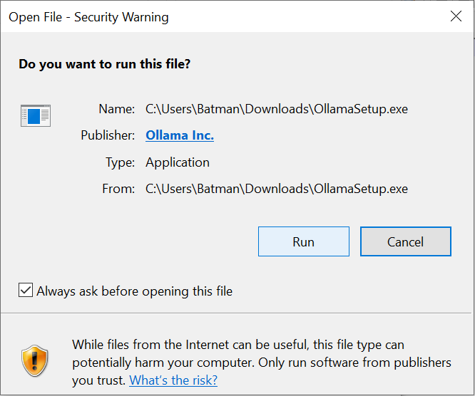 Ein Screenshot der Sicherheitsabfrage unter Windows für den Ollama Installer