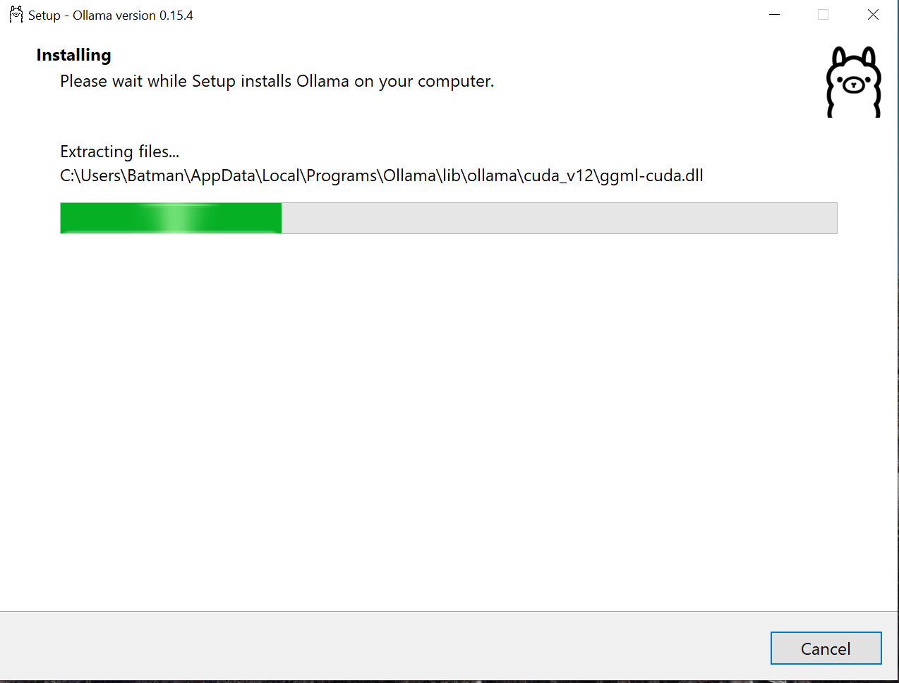 Ein Screenshot des Fortschritts des Ollama Installers
